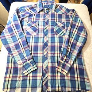 vintage WRANGLER  Mens  2X long-sleeve PEARL SNAP Blues/Pink Plaid Snap Pockets